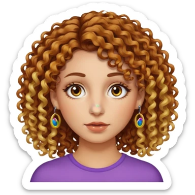 A woman with brown curly hair and blonde highlights side parted with hazel eyes with central heterochromia and a multicoloured nose ring sticker