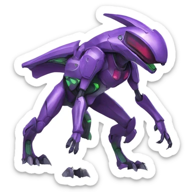a purple-green Genesect-Raptor-Fakémon—hybrid with a futuristic visor-helmet full body sticker