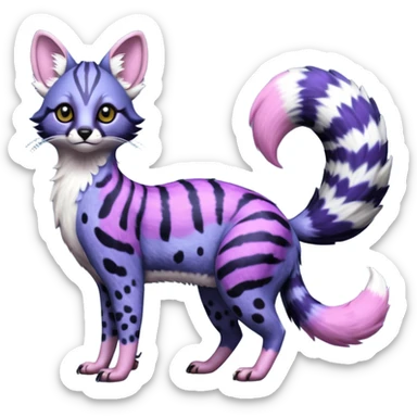 Beautiful fluffy elegant spotted dotted thick puffy hyper-realistic lifelike furry Indigo, purple, violet, pink, Civet-Genet-Possum-Serval-Caracal-Sergal-Trico-Numbat-Furret-fusion-Fakemon-hybrid-creature (full body) with long tufted ears and a striped tufted tail  sticker