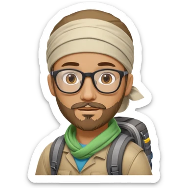adventurer with goatee beard (no beard on cheeks), short hair, glasses, bandana on head and backpack sticker