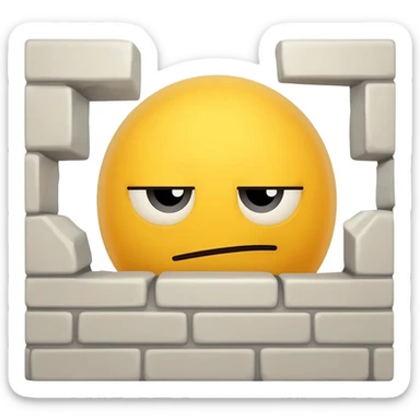 Yellow emoji face sneakily peeking from behind wall looking innocent and most of face hidden behind wall sticker