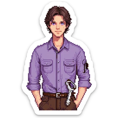 Focused male tinkerer, Caucasian features, short dark brown hair, sharp gray eyes, neutral expression, wearing violet work shirt with rolled-up sleeves, holding a small wrench in one hand, waist-up, front-facing sticker