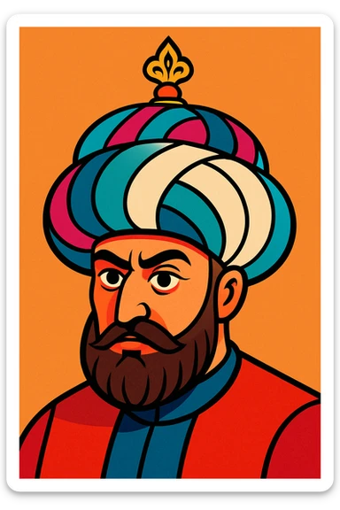 Sultan Murad IV head, stylized, ornate Ottoman turban, expressive face, modern illustration style sticker