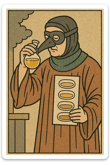 A medieval doctor carrying out a urine sample with a urine sample chart and smelling the urine sticker