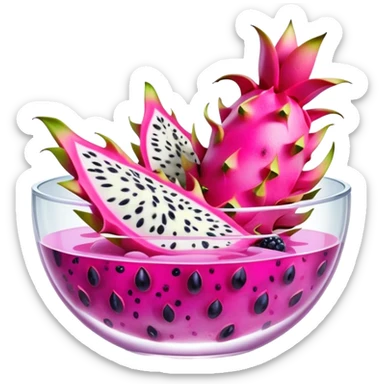 A clear glass bowl filled with bubbly light pink liquid, floating slices of dragon fruit and various berries   sticker