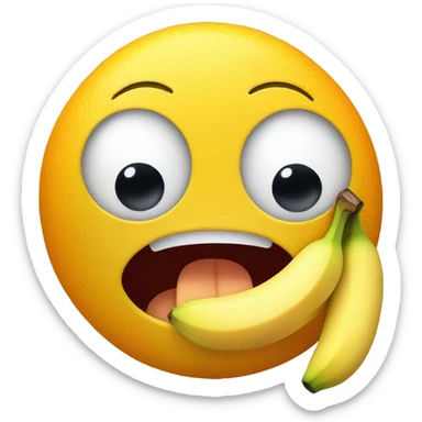 Emoji yellow face eating a banana with mouth and eyes open and two small oranges just under the banana sticker