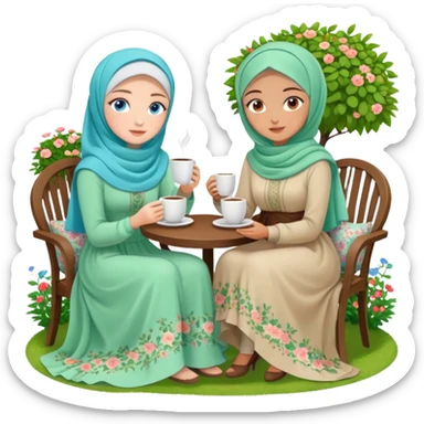 Turkish beautiful finish Konya girls blue eyes with Beautiful light green floral hijab long tail dress and the two friends in a lovely garden sits on the chair on the ground and holds cup coffe with her hand  sticker