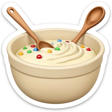 a cream ceramic mixing bowl with a wooden spoon stirring sticker