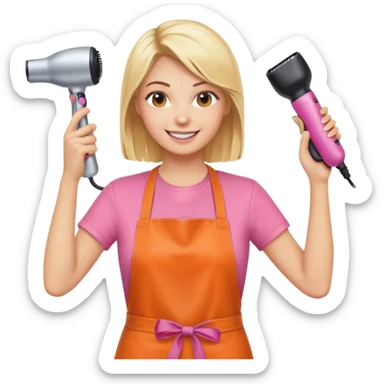 smiling blonde woman hairstylist wearing pink t-shirt and orange apron, hands raised, holding scissors and hairdryer clearly visible sticker