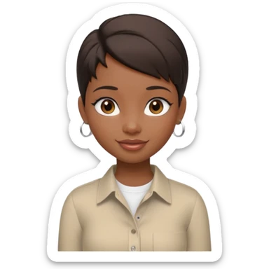 generate a pretty bratz girl with dark brown eyes. Dark brown hair straight short hair. tight beige button up shirt with top shirt open.  airpods in ear sticker