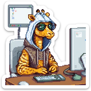 pixel art of a giraffe with a beard, glasses, and a hood, sitting at a computer, retro video game style sticker