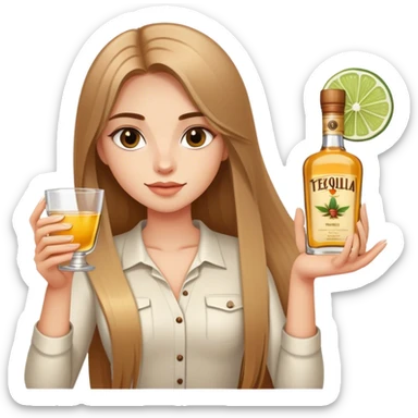 girl long light brown straight hair holding tequila sticker