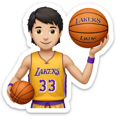 a light tan boy with messy a black mullet. wearing a lakers jersey and carrying a basketball sticker