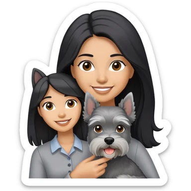 A smilling woman with long black hair holding a light gray Schnauzer sticker