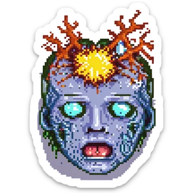 pixel art face with an exploding head, drooling, and melting sticker
