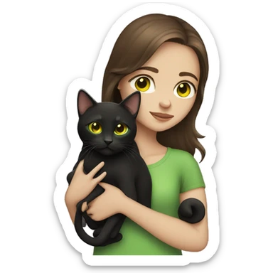 girl with brown hair with green eyes holding a black cat with yellow eyes sticker