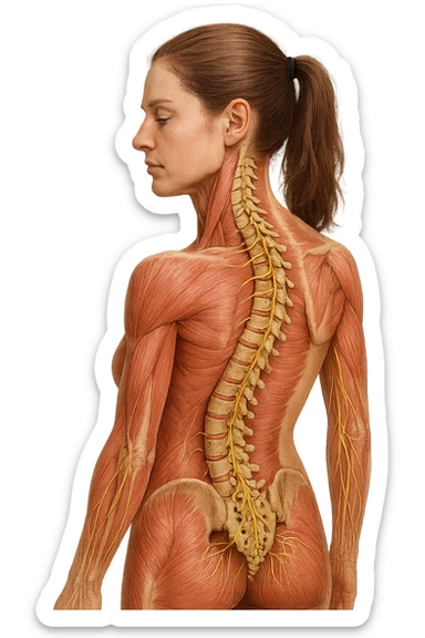 fai un immagine identica che riguarda un esercizio ma mettigli spina dorsale e muscoli in evidenza (anatomica) con colori naturali di un corpo umano (non blu), il nervo giallo si deve vedere molto bene. falla iperrealistica anatomica in 4k con spina dorsale storta in evidenza sticker