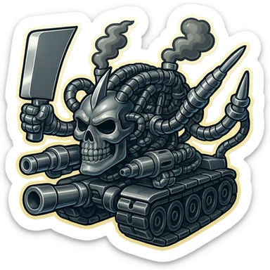 Edit the skull robot tank to have 4 distinct arms, each hand holding a different weapon: a large industrial blade, a blaster, a menacing syringe, and a claw. The exterior metal should be extra shiny silver grey, with inside cables and tech almost black. Add dark shaded smoke coming from the top. The skull face should be even smaller, dropped way down and put forward in front of the tank body. The whole subject should be compact and not tall, with a clean outline and transparent background in retro stickers style. sticker
