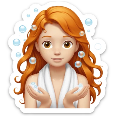 Ginger girl in towel shower washing long hair up in hands soapy bubbles sticker