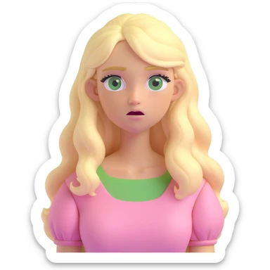a 3d IOS realistic style emoji of a blonde with long hair and swamp eyes in a pink pastel dress confused sticker