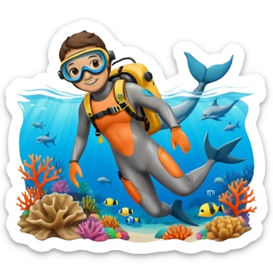 A brave dolphin diver in flippers and mask, exploring coral with a waterproof camera.

 sticker