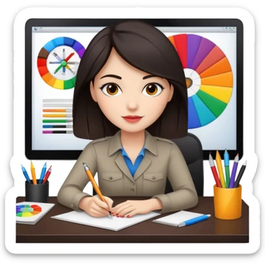 female dark hair graphic designer , color wheel, pens, papers , desktop sticker