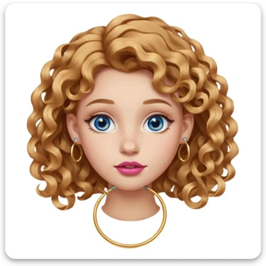 girl with light brown honey wavy hair (subtle side part and 2b curls). blue eyes. one golden nostril piercing (hoop). 6 golden hoop earrings. one golden hoop helix piercing. pink big lips.  sticker
