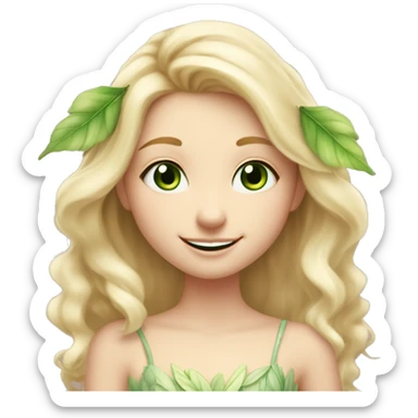 Blonde fairy girl, wearing beautiful leaf dress, very light and whimsical colours, smiling gently with green eyes and soft caucasian skin and pink lips, smiling sticker