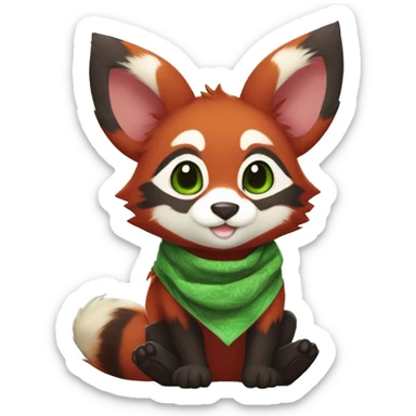 Cute, Chibi, Kemono-style, Anthro, Fur-Sona, Dark-Red, RedPanda-Mouse-hybrid-Fakémon, with a green bandana, full body sticker