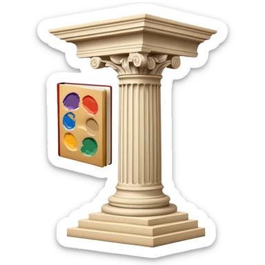 An icon featuring a paint palette, a sculpture, and a book, symbolizing the study of culture and art. The design includes a classical column and a canvas, representing art history and cultural exploration. Transparent background highlights the connection between creativity and history. sticker