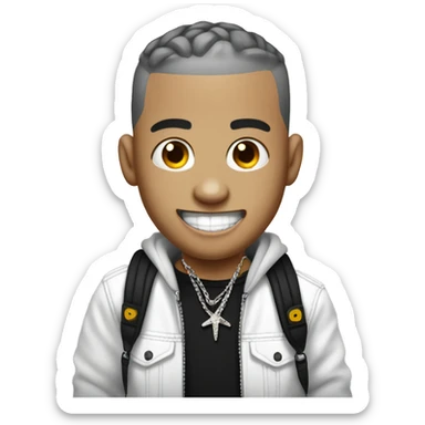 white skinned, rapper with chain,evil laugh, mouth extremely  opend, buzz cut dark color hair. sticker