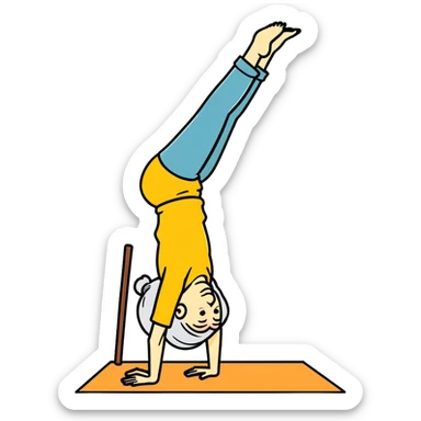 Old woman doing a headstand and holding a cane  sticker