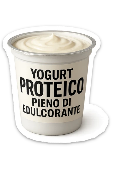 Yogurt proteicO CON LA SCRITTA "YOGURT PROTEICO PIENO DI EDULCORANTE" SULL'ETICHETTA,  iperrealistico 4k sticker