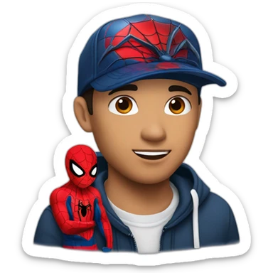 chico blanco con una rera de spiderman un tatuaje en el cuello que diga amor en chino que tenga una gorra negra con un logo de la redbull y con un arito en la ceja sticker