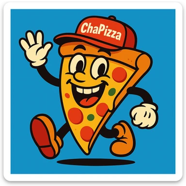 playful pizza slice character with a big smile, wearing a red cap labeled 'ChaPizza', fun colorful cartoon style sticker