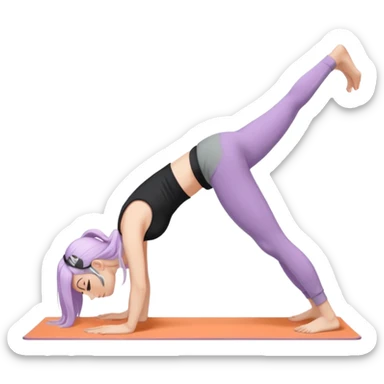 Девушка белокожая в позе собака мордой вниз, с длинными светло-лиловыми волосами, в черном топе, в серых спортивных штанах, с черными ресницами sticker