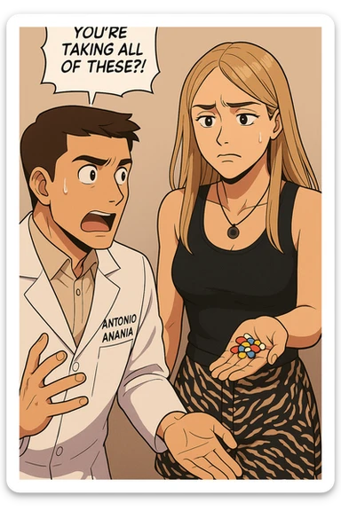 fai un webtoon/manga a colori con questo kinesiologo in camice bianco (fagli la scritta "ANTONIO ANANIA" SUL CAMICE) CHE PARLA CON QUESTA RAGAZZA. LA RAGAZZA HA UN PUGNO DI INTEGRATORI IN MANO (TANTE PILLOLE DIVERSE) E LE GUARDA DUBBIOSA. IL KINESIOLOGO CON IL CAMICE BIANCO LE DOMANDA UNA COSA SCIOCCATO. NON FARE I FUMETTI, FAI SOLO LORO COME SE DIALOGASSERO sticker