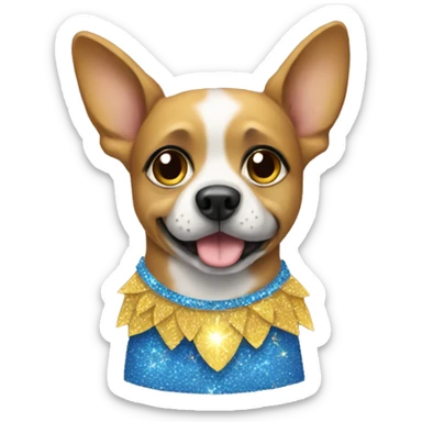 Dog wearing a yellow and blue sparkly skirt with wings sticker