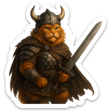 Viking ginger cat, Valhalla, armor and sword, valorous expression, fantasy style sticker