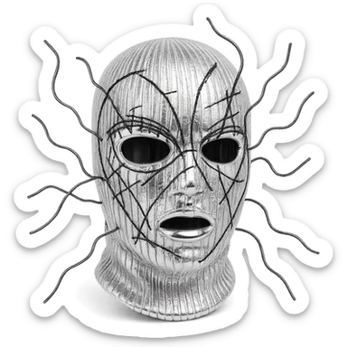 The mask is a full-head, white knitted balaclava with a tight ribbed texture. It features two asymmetrical eye openings and a partially exposed mouth area. Black thread is stitched across the surface in chaotic, abstract lines that trace facial features, giving a hand-drawn effect. Several black cords extend outward from the mask, varying in length and direction, adding a sculptural, almost organic appearance. The overall look is bold, handcrafted, and visually striking. sticker