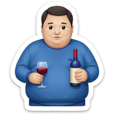 Morbidly obese older man dark hair with blue sweatshirt holding bottle of wine sticker