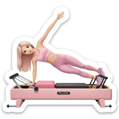 pretty white brunette teen long hair with hazel eyes and a small waist in light pink workout clothes in a plank on a pilates reformer sticker