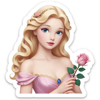 Cinematic Realistic Sleeping Beauty (Aurora) Portrait, with porcelain-like skin featuring a natural rosy flush, illuminated by soft lighting that highlights the gentle contours of her face. Her golden blonde hair flows in soft, detailed waves with subtle highlights that shimmer in the light. Her deep violet-blue eyes radiate warmth and innocence, framed by arched brows and long lashes. With a soft, serene smile, she holds a delicate rose gently in one hand, her other hand resting lightly by her side. She is dressed in her classic pink gown, the fabric rich in texture with delicate folds that catch the light. A golden crown rests atop her head, gleaming with royal refinement. The portrait captures a soft, glowing aura, blending realism with an ethereal sense of beauty and timeless enchantment. sticker