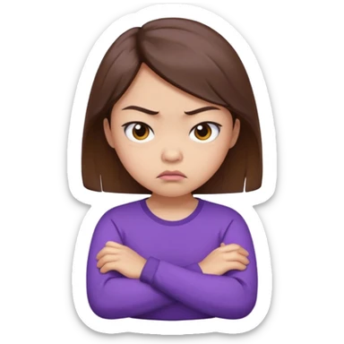 Angry Pouty girl with small asian eyes folding arms in a purple longsleeve shirt she has fair skin and brown hair sticker