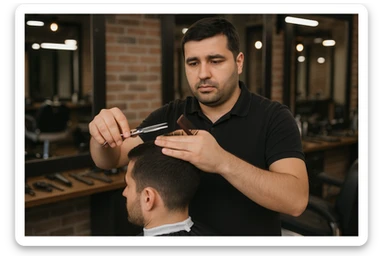 shu odamni sartaroshxonada mijozlarni sochini olayotganin  tasvirlab ber juda yosh ham katta ham bo'lmasin semiz ham bo'lib ketmasin o'smirin davrini yuzi ko'rinmasin sticker