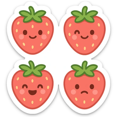 A series of illustrations stawberry in a kawaii emoji style, with detailed shading and highlights, thin clean outlines, soft and rounded features. Pastel color palette using  #FF5B5B, #CE4C4C,#CE4C4CThe style is inspired by modern Japanese pop art and sticker aesthetics. Highly detailed, vector clarity, soft lighting and subtle shadows. Transparent background without background. sticker
