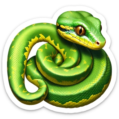 cinematic-green tree python-realistic-full-body-coiled-emoji,-thick-scaled-body-looped-tightly,-intricate-brown-and-gold-patterned-scales-reflecting-light,-head-tilted-dramatically,-slitted-eyes-staring-calmly,-simplified-yet-realistic-focused-feature sticker