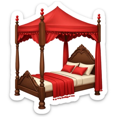 Wooden four poster bed with canopy handing small red balls on edge  sticker