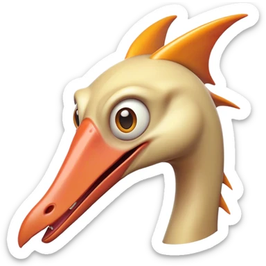 Cinematic Comical Pterodactyl Portrait Emoji, Head tilted dramatically with an exaggeratedly shocked expression, featuring a sleek, streamlined body with a quirky, animated beak and wide, comically expressive eyes full of playful disbelief, Simplified yet hilariously expressive features, highly detailed, glowing with a slightly sassy ethereal glow, high shine, dramatic yet playful, stylized with an air of cheeky prehistoric mischief, soft glowing outline, capturing the essence of a meme-worthy Pterodactyl that looks ready to side-eye its way into viral fame! sticker