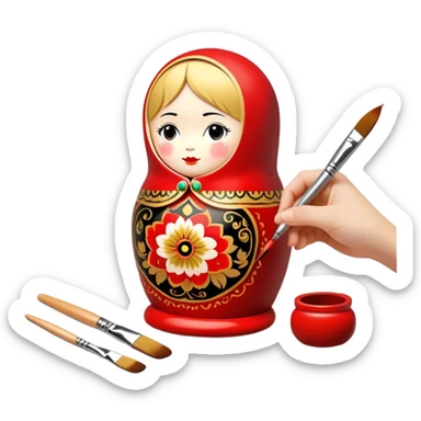 Wooden doll painting icon, traditional Russian Matryoshka doll being painted with intricate Palekh or Khokhloma designs, visible paintbrush, vibrant red, gold, and black colors, unfinished doll with detailed patterns in progress, minimalistic style, clean lines, transparent background. sticker
